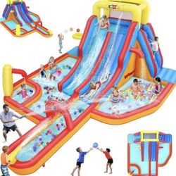 #5201-Whubefy Extra Large Inflatable Water Slide, 18X14 Ft Bounce House Waterslide for Kids 3-12 with Extra Long Slides, Splash Pool, Blow Up Water Sl