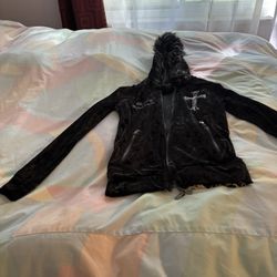Black Velvet Rhinestone Cross Hoodie with Faux Fur and Leopard Lining unisex