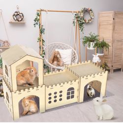 Extra Large Rabbit Hideout, Wooden Rabbit houses and Hideouts, Large Wooden Rabbit Castle For Bunnies, Hamsters and Guinea Pigs Hut to Hide 