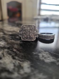 2 Ring Vintage Wide BAND CZ Silver Ring Set