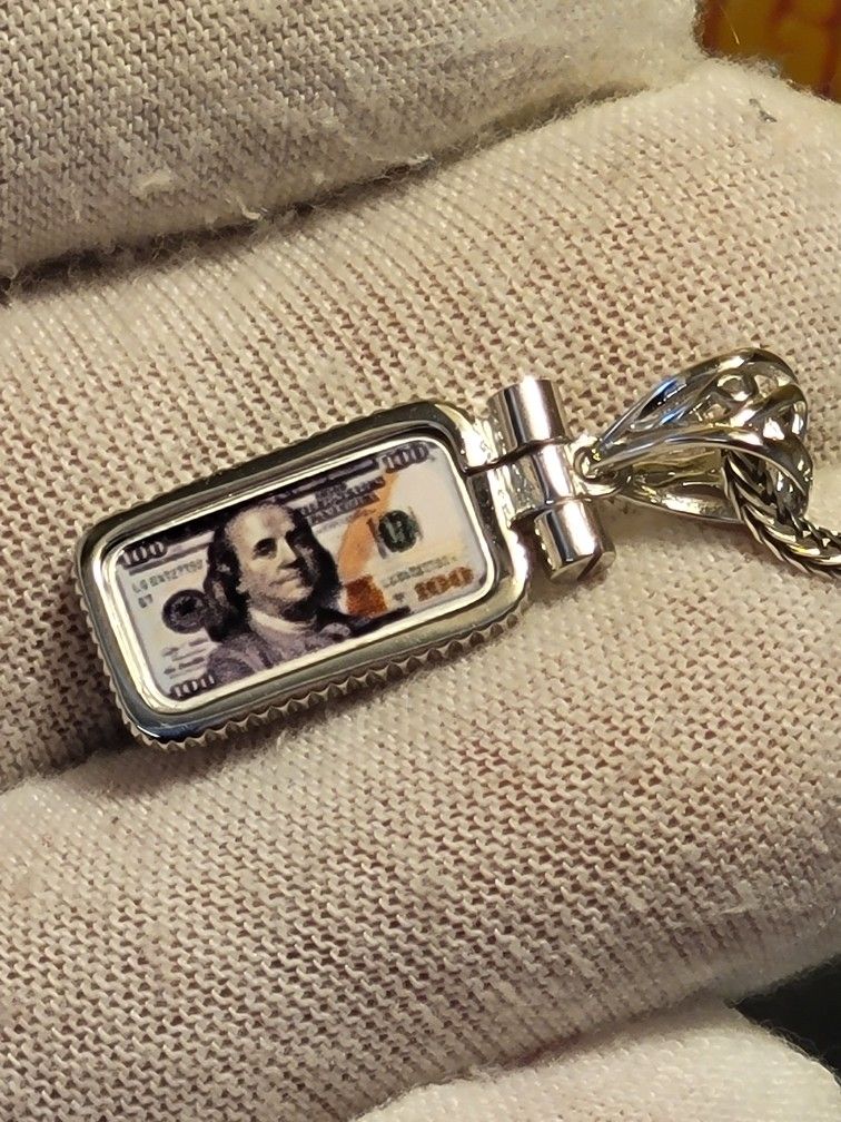 .999 Fine Silver Pendant Colorizied $100 Bill Benjamin Franklin Pendant (Bezel .925 Sterling Silver)
