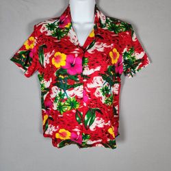 Whatchamacallit Hawaiian Floral Button Up Camp Shirt Women Red S/M