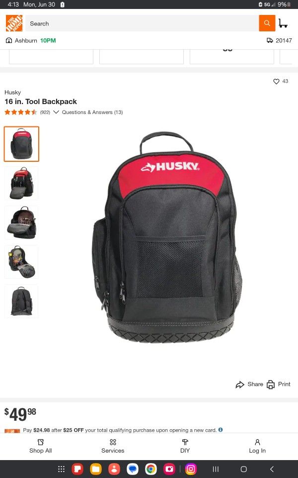 16 Inch Heavy Duty Husky Tool Back Pack 