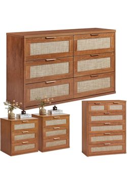 LEYAOYAO Rattan Dresser and Nightstand Sets 4 Piece, Teac Brown Boho Wood 6 Drawers Dresser & 3 Drawer Night Stand Sets & Tall Chest of Drawers, Furni