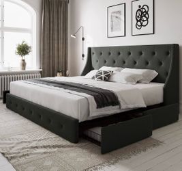 New-Allewie Queen Bed Frame with 4 Storage Drawers and Wingback Headboard, Button Tufted Design, No Box Spring Needed, dark grey