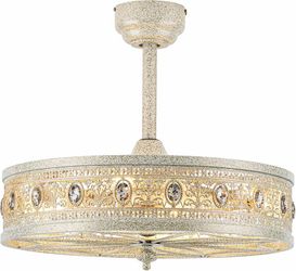 21inch Crystal Chandelier Ceiling Fan with Light,French Coastal Ornate Caged Bladeless Fandelier,Elegant Decorative Round Light Fixture,Hanging/Flush 