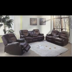 Brown Leather Two Tone Fully Reclining Couch Set 