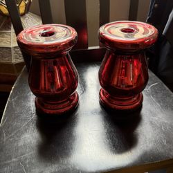 2,red Glass Candle Holders.