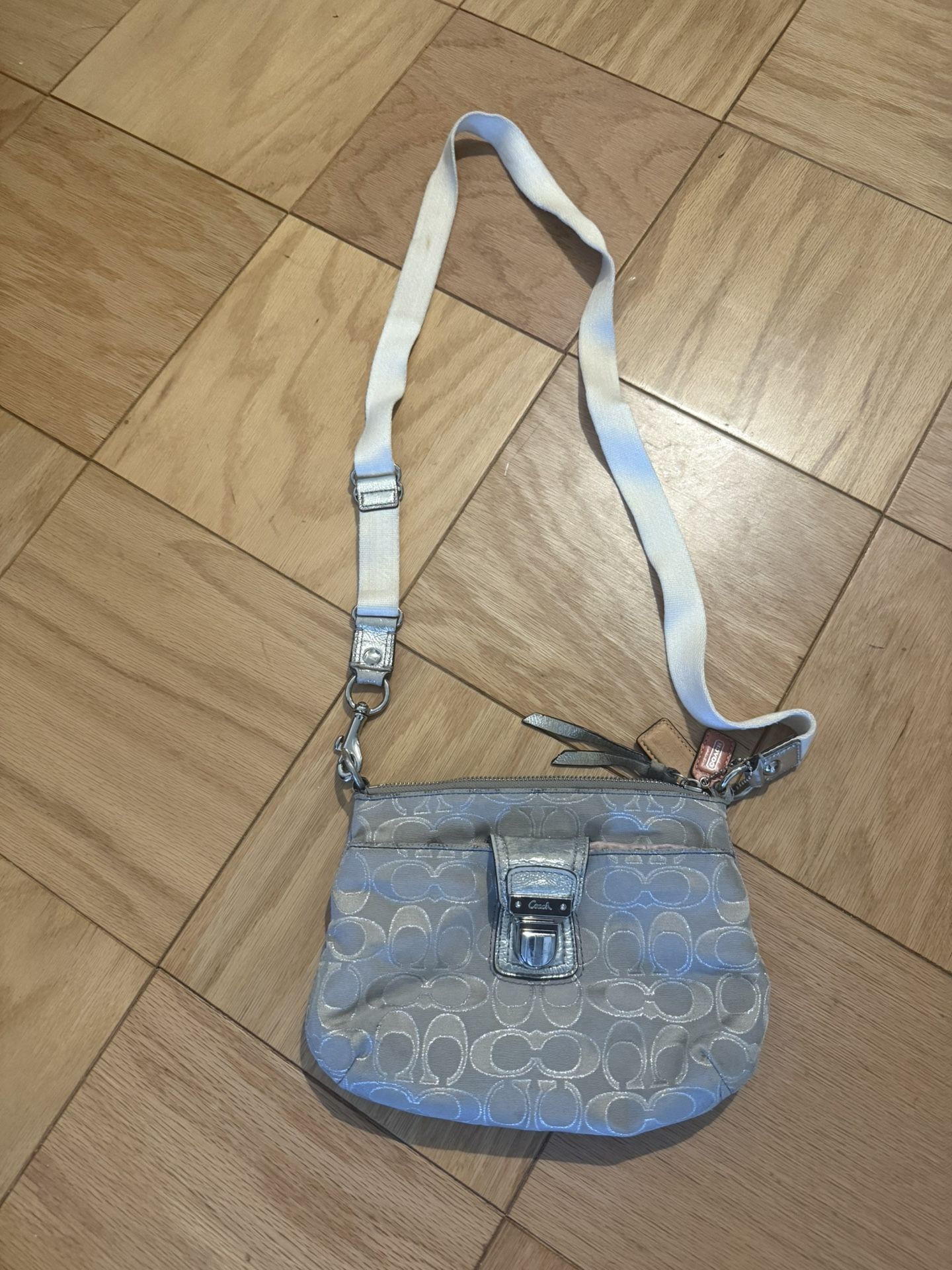 Coach Y2K Signature White CanvasSilver Leather Strap HOBO Shoulder Bag