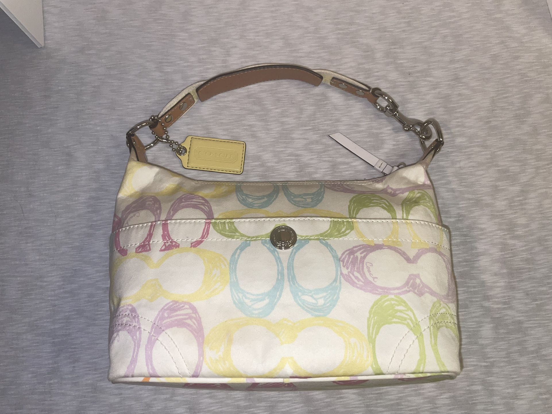 Authentic COACH Scribble White Multicolor Hangbag with Leather Trim