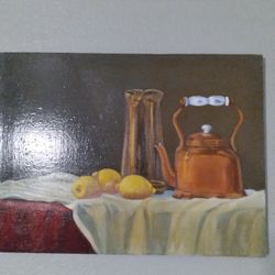 23 X 17 Painting Brass Tea Pot With  Delft Handle Lemons 