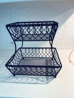 2-Tier Black Metal Wire Basket Stand