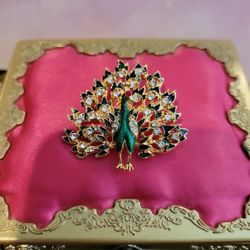 Vintage Clear Rhinestone & Green Enamel Peacock Bird Red Rhinestone Eye Brooch Pin Goldtone 1.75" F8 