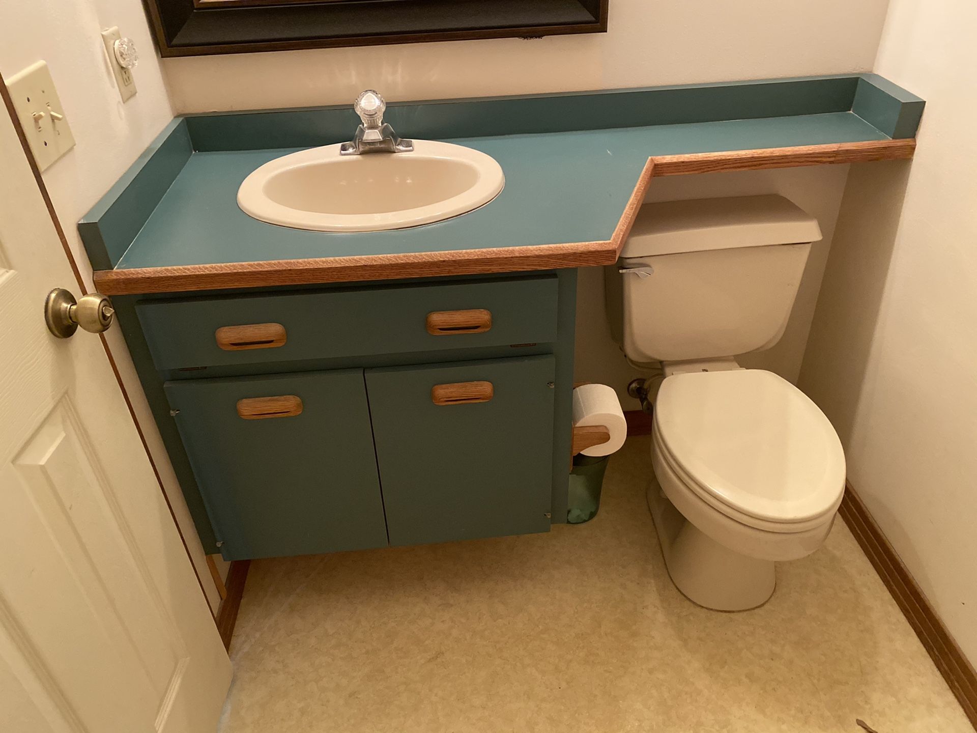 Bathroom sink with faucet and cabinet included