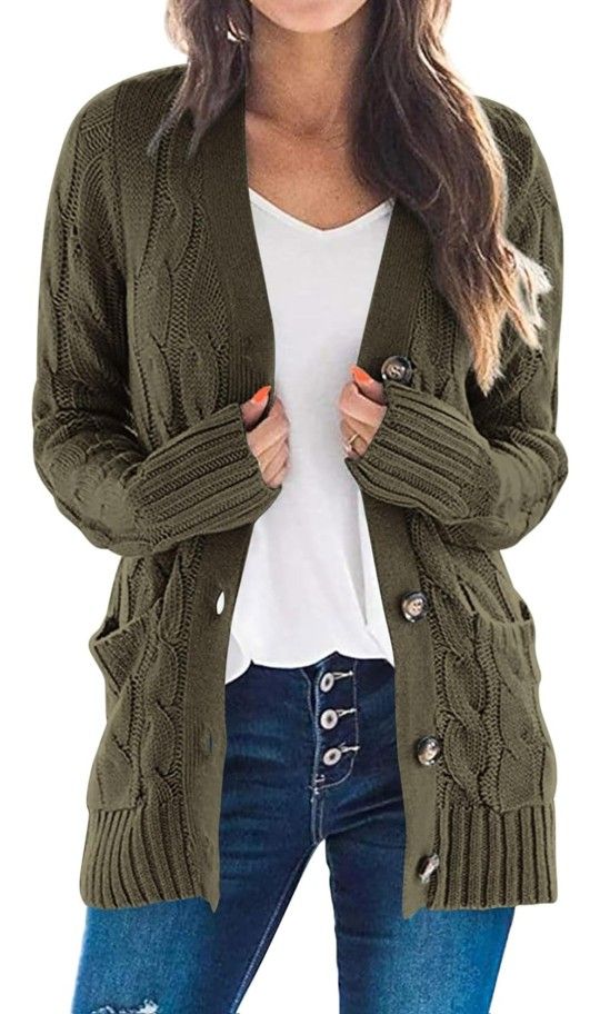 New Women's Open Front Cardigan Sweaters Fall Fashion Button Down Cable Green
New with Tags
Size Womans Medium
Very Soft Warm Cozy Feeling
