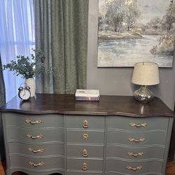 Beautiful refinished Green Antique French Provincial 10 Drawer Dresser.