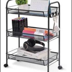 3 Tier Metal Cart, Easy Assemble Mesh Wire Rolling Storage Cart with 3 Hooks, Metal Storage Shelving