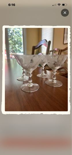 Set of four vintage crystal cocktail coupes with etched grape motif