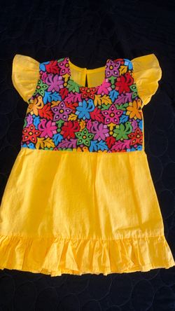 Girls Yellow Floral Embroidered Ruffle Dress