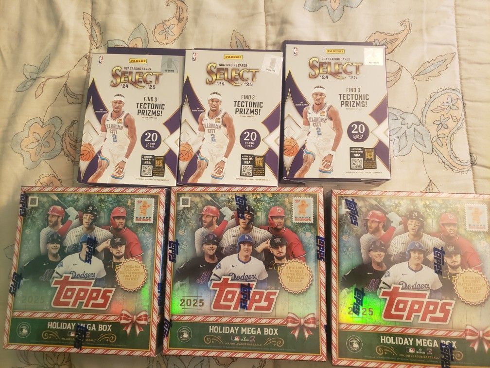 MLB & NBA Lot Of (6x) New Factory Sealed . 3 Mega Boxes Of 2025 MLB Topps Holiday Box & 3 Hanger Box 2024-25 NBA Select