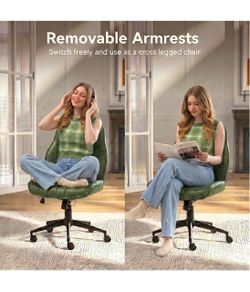 Leather Office Chair, Mid Century Home Office Desk Chair Ergonomic Curve Design, Removable Padded Arms, Height Adjustable Swivel Seat & Smooth Wheels,
