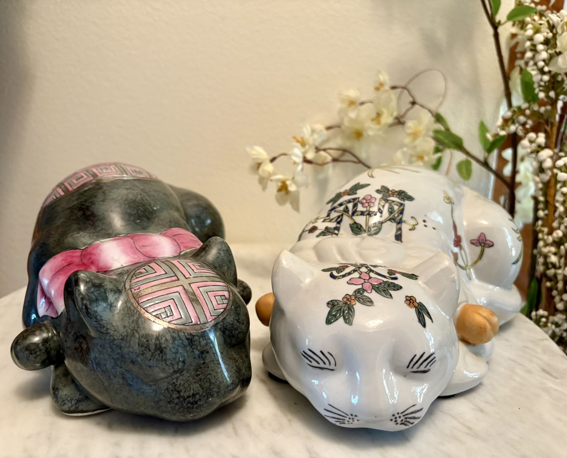 A Pair of Vintage Chinoiserie Ceramic "Nemuri Neko" or "Lucky" Sleeping Cats Porch Pick Up, Hendersonville