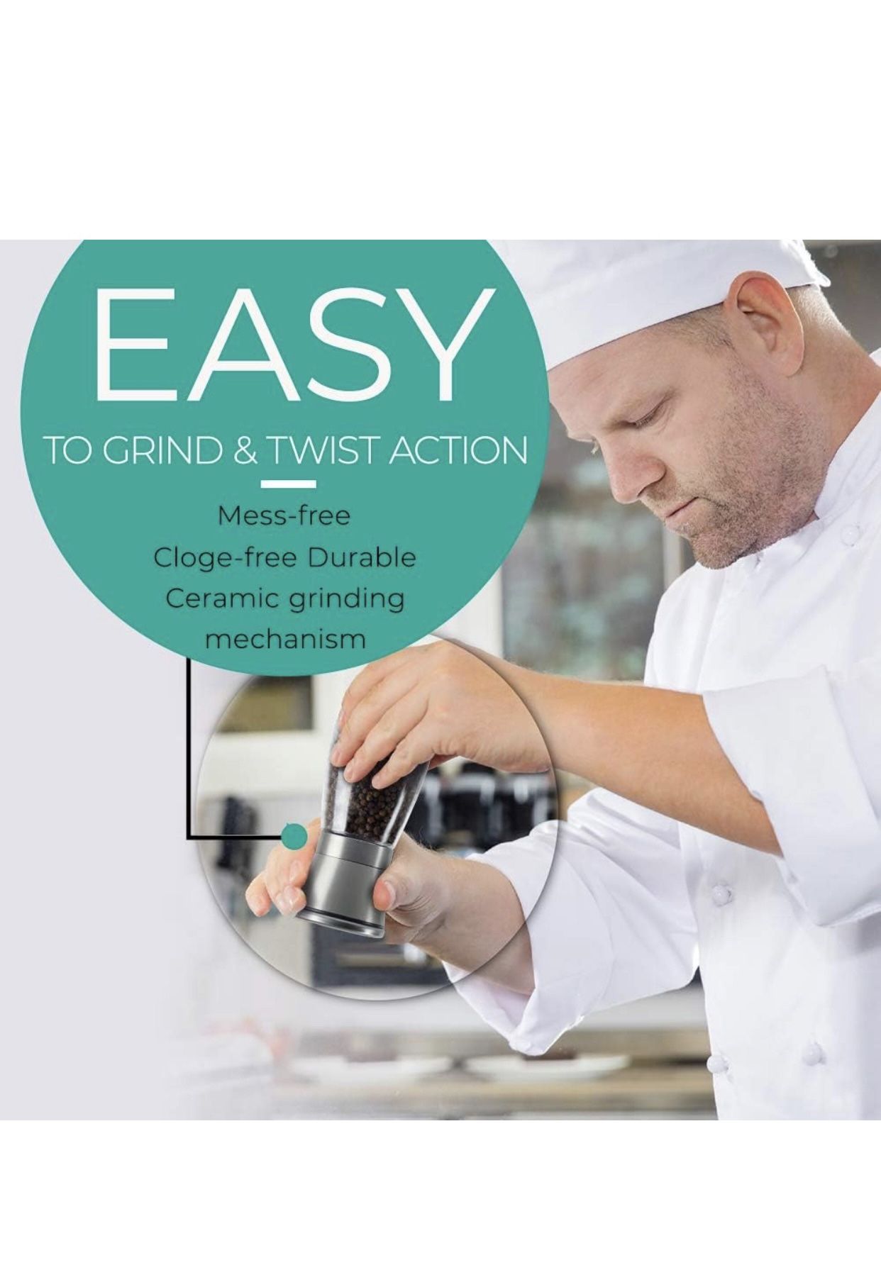 Stainless Steel Salt & Pepper Grinder SetAdjustable Coarseness With Wooden Spoon & Cleaning