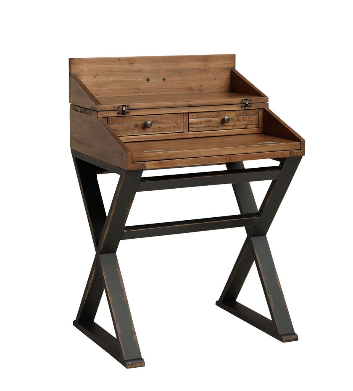 Distressed Antique Cognac and Black Wood Secretary Desk