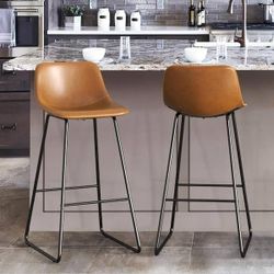 Set Of 2pc Alexander 30 in. Whiskey Brown Faux Leather Bar Stool Low Back Metal Frame