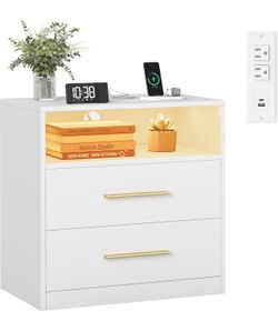 Night Stand, Side End Table with Drawers, Open Shelf, 2 AC Outlets USB Ports, Cloud White ULET639WB01S