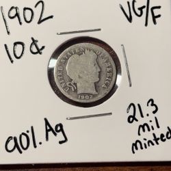 1902-p Silver Barber Dime VG/F