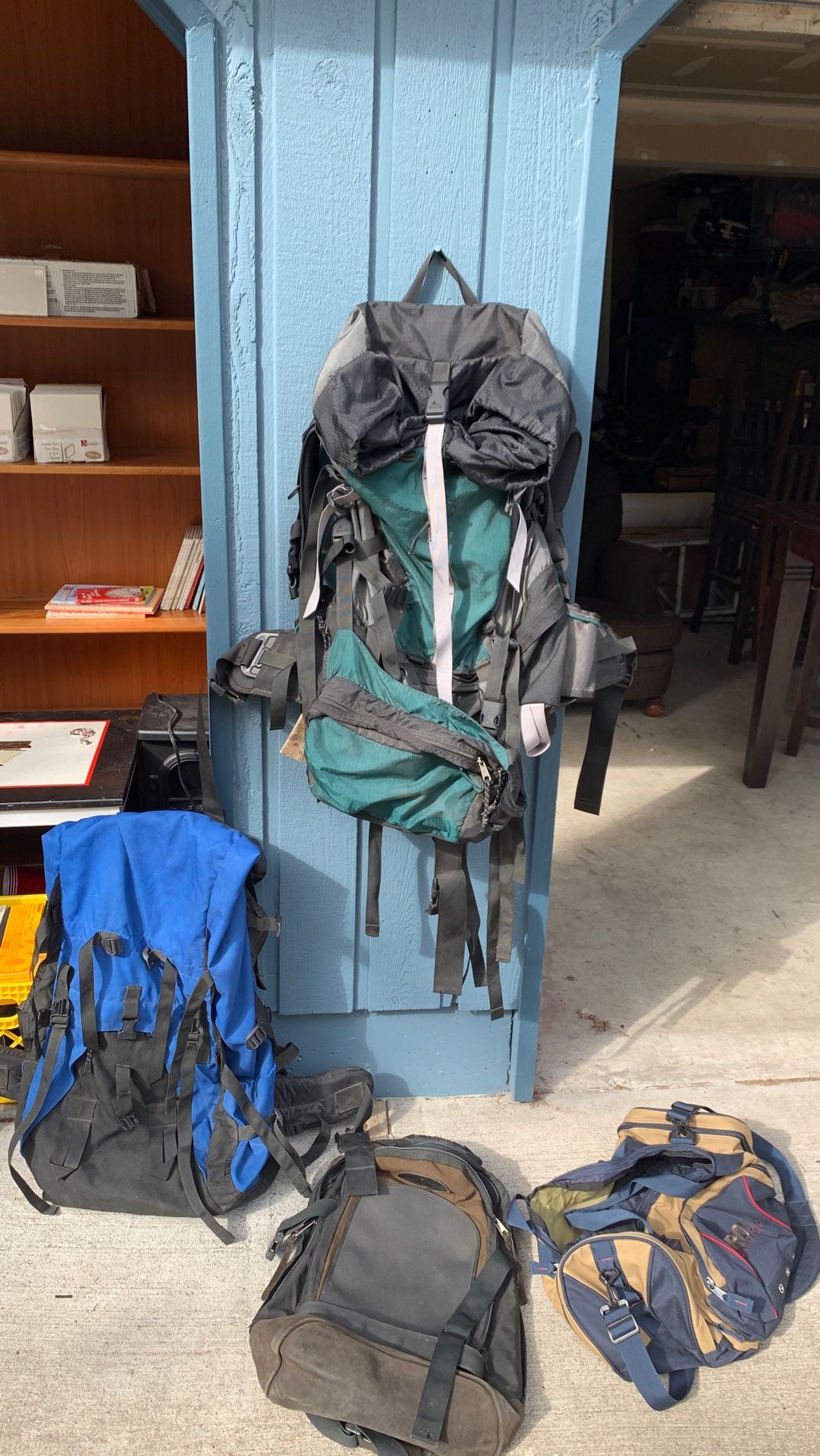 2 Hiking Backpacks, 1sports backpack, 1 Duffle bag