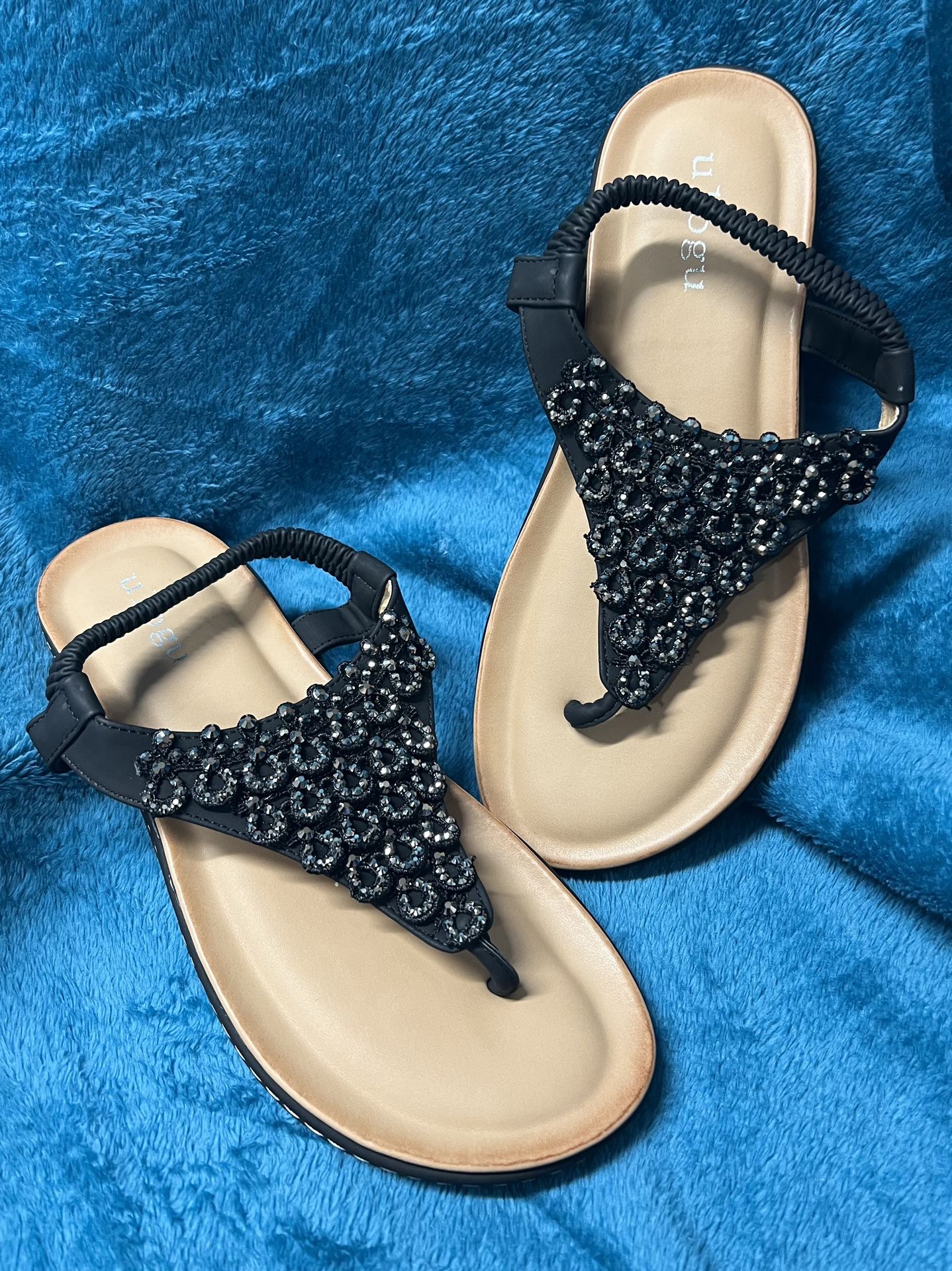 ulogu Women's Flat Sandals Dressy Summer Beach Shoes Casual Comfortable Boho Rhinestone Thong Flip-Flop w Elastic Strap SIZE 38