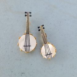 Vintage Brooch Faux Pearl Banjo Pins Music Gold Tone