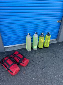 4 Scuba Diving Tanks / Air Cylinders with Valves + 2 Carry Bags