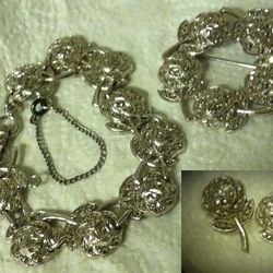 Vintage Sterling Silver Marcasite 3 Piece MATCHING Set Bracelet Brooch & Earrings Rose Flower.