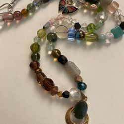 Glass Beaded Necklace  w/ Antique Jade & Cloisonné Enamel Butterfly  Pendant 