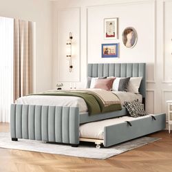 Gorgeous New Channel Tufted Grey Velvet Twin Platform Bed w/ Twin Trundle Bed