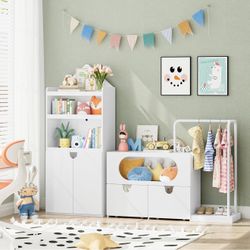 White Kids Room Storage Set – Toy Organizer, Shelf & Clothes Rack