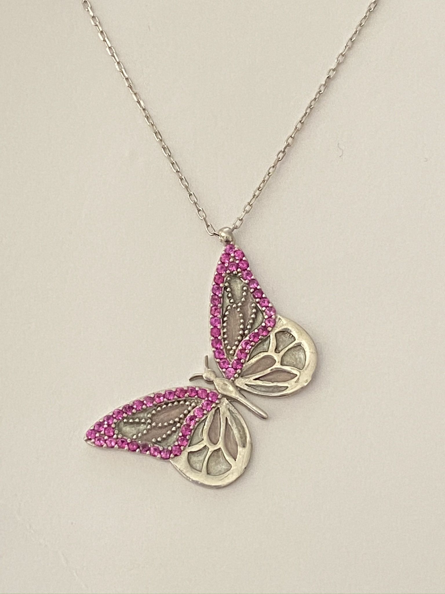 925 Silver butterfly necklace handmade enamel cz stone