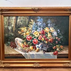 Oil Painting Floral Still-life Flowers Vase Fruit Gold Framed 34”x45” Impressionist