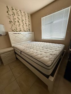 Queen Bed Frame with Mattress, 6 Drawer Vanity, and Nightstand