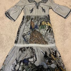 Gorgeous Blue Cotton And Silk Embroider And Bird Print Dress