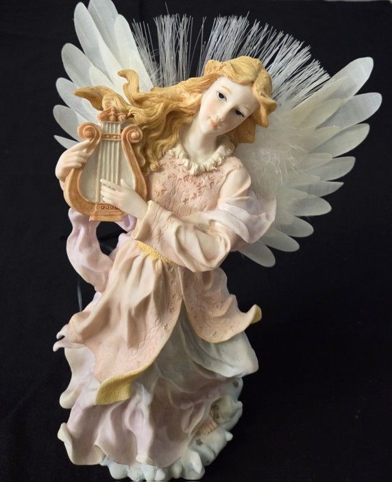 Gorgeous! Lighted Angel Holding Harp Ceramic/Procelain Fiber Optic  15"X8" Vtg