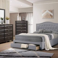 OAK GRAY FINISH 5 PIECE QUEEN SIZE BEDROOM SET BED DRESSER CHEST NIGHTSTAND MIRROR - JUEGO DE RECAMARA