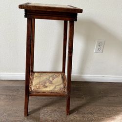 Two Tiered Wooden Art Deco Side Table With Decorative Tiles 26 Inch Tall 