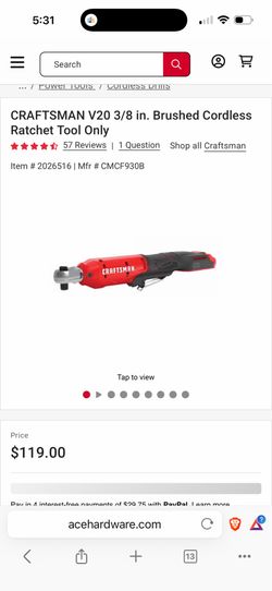 CRAFTSMAN V20 3/8 in. Brushed Cordless Ratchet Tool Only