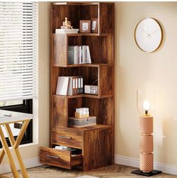5-Tier Corner Bookshelf with 2 Drawers, 66.9-Inch Tall Corner Bookcase Shelf, Mid-Century Modern Corner Storage Cabinet Display Rack Shelf for Living 