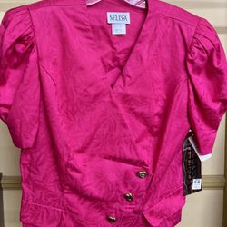 VTG "Mellisa" Hot Pink Short -Sleeved Blouse With Puffed Shoulders Size 18