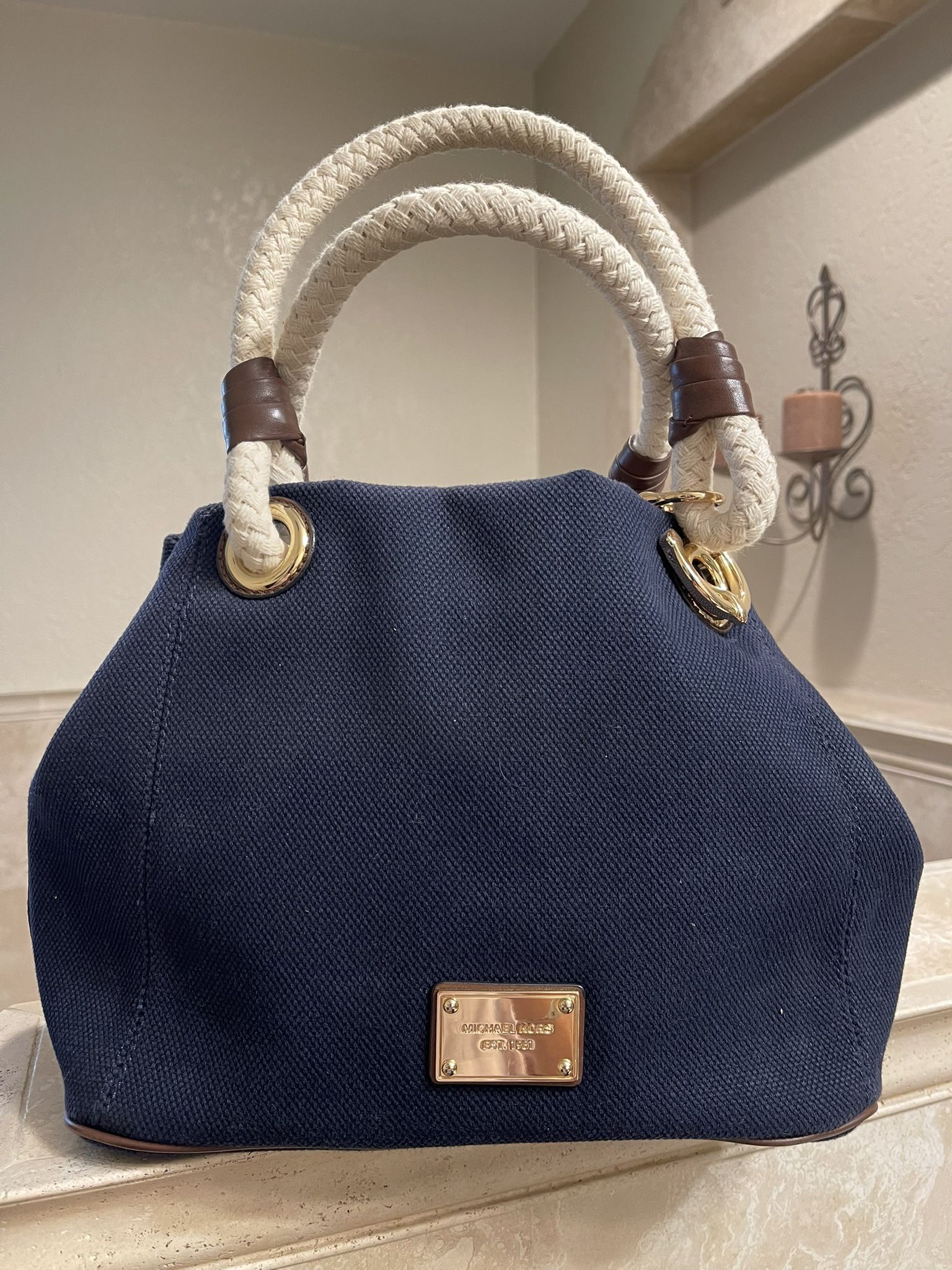 MICHAEL KORS Navy Blue Canvas Large Handbag Rope Handles Gold Details